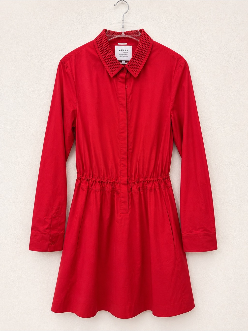 Akris Punto Red Long-Sleeve Shirt Dress with Embroidered Collar